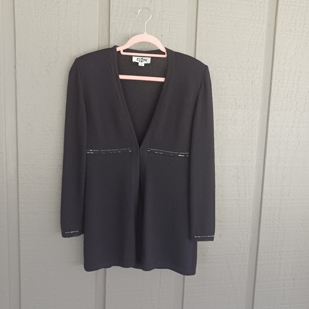 St John Women Knit Cardigan Jacket Size 4 Color Black V Neck